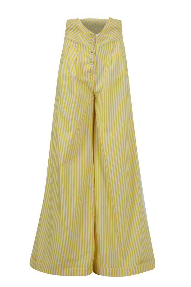 Pantaloni da donna rosa dal design speciale con dettagli a righe e bottoni gialli - 38