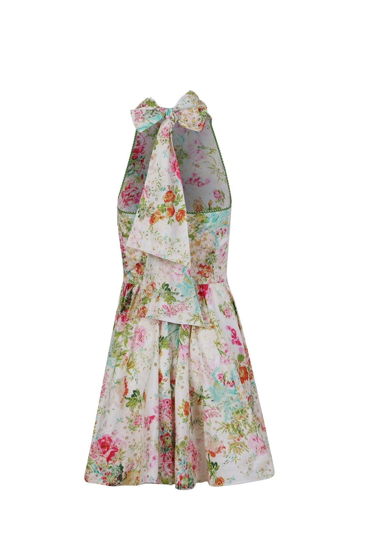 Special Design Cream Floral Patterned Halter Neck Mini Dress