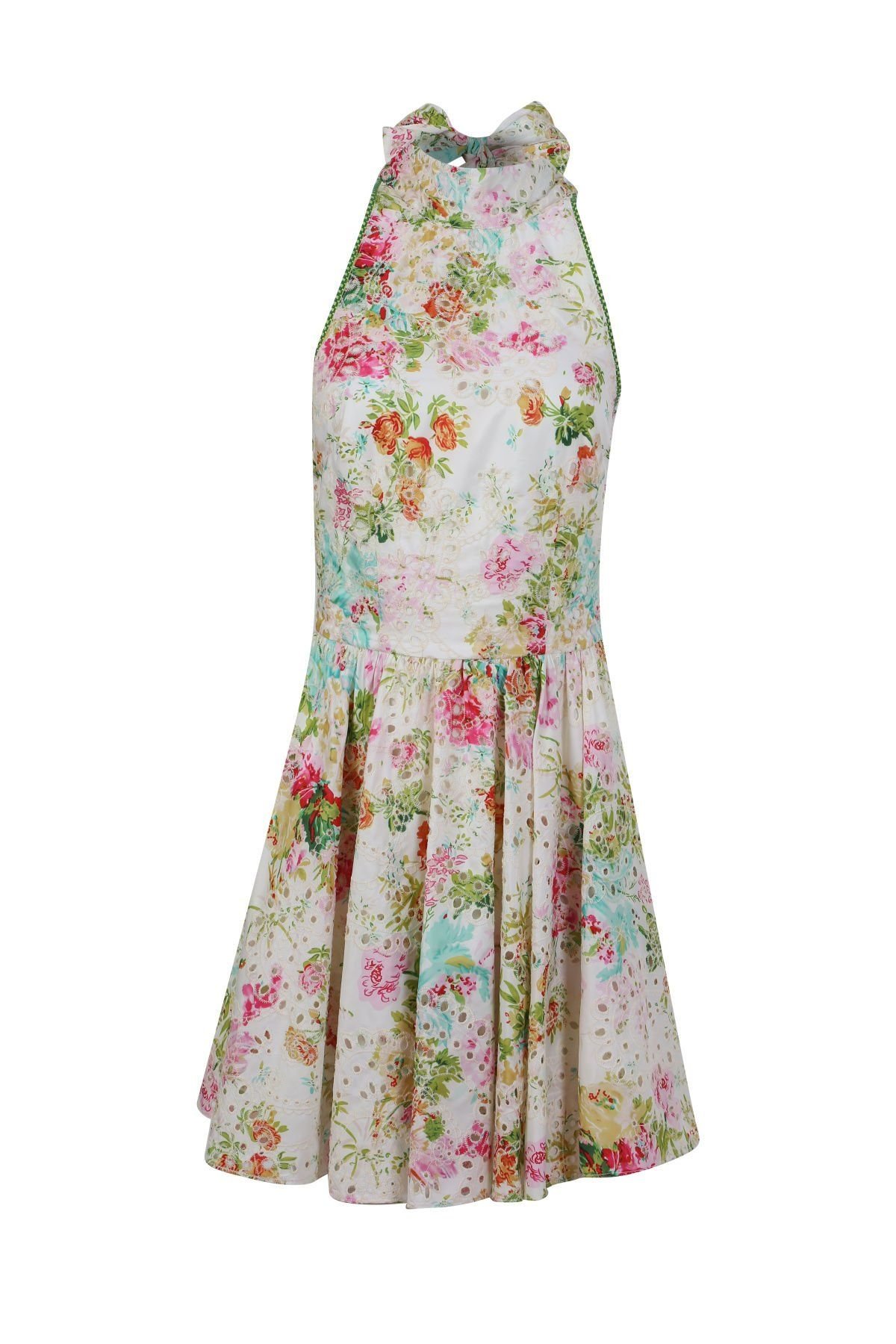 Special Design Cream Floral Patterned Halter Neck Mini Dress