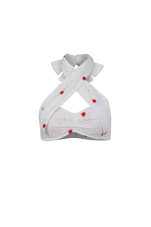 Special Design Floral Detailed White Halter Neck Fitted Crop Blouse