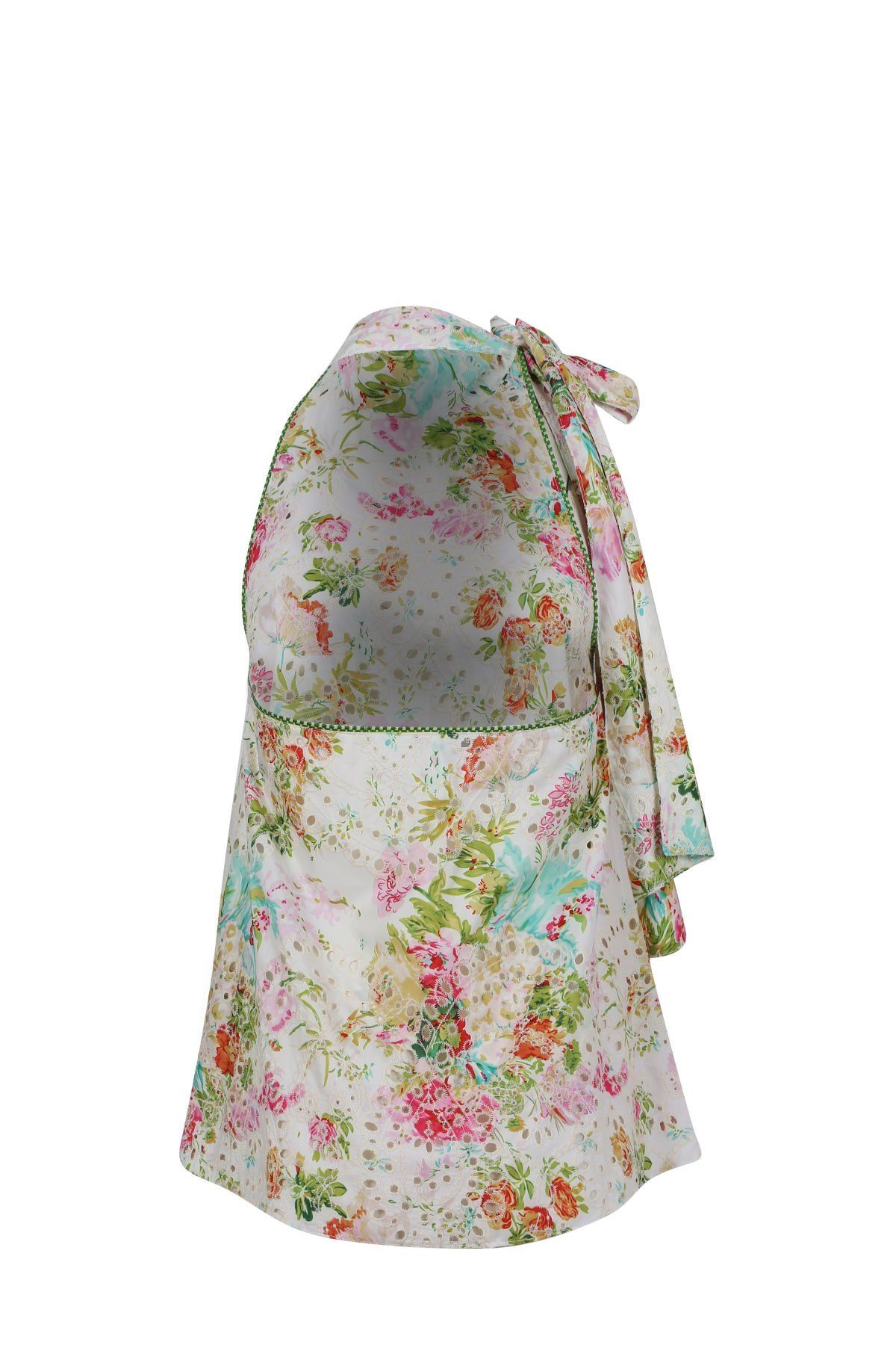 Special Design Floral Detailed Cream Halter Neck Blouse