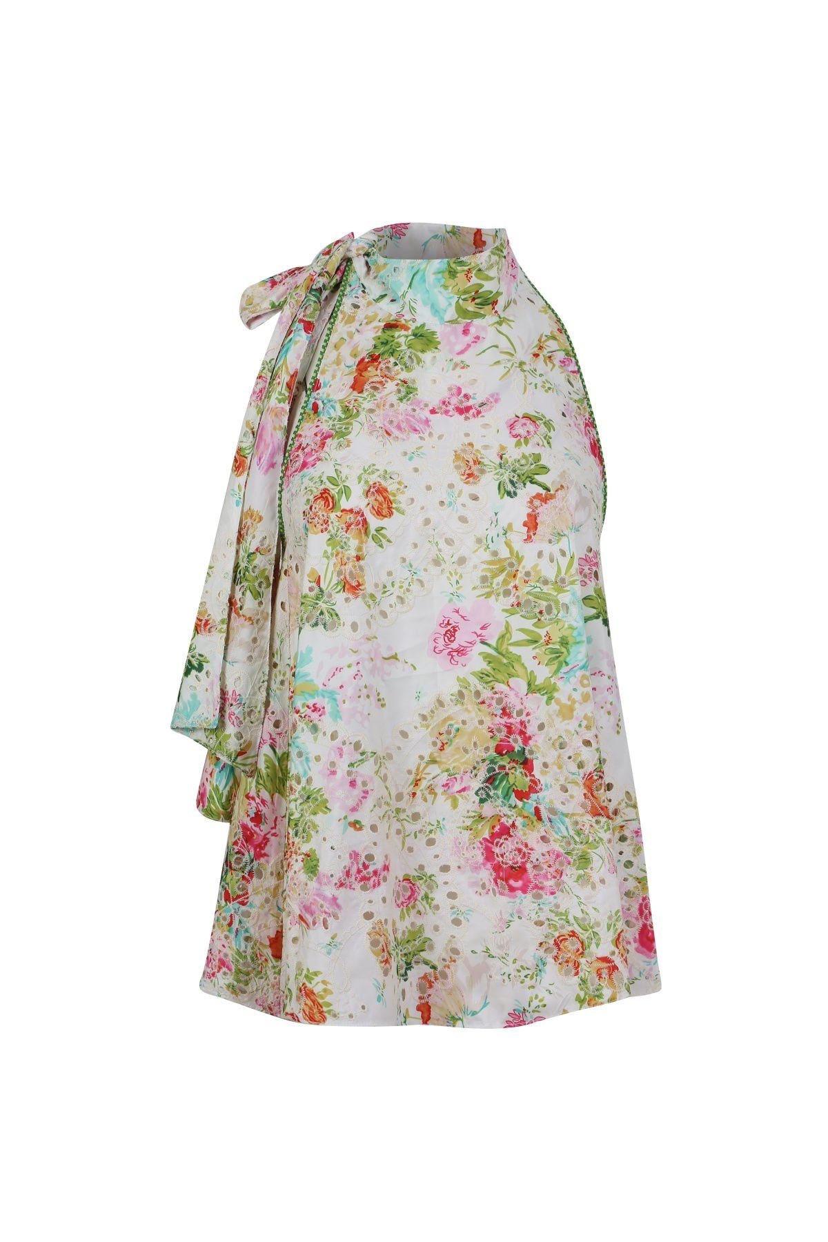 Special Design Floral Detailed Cream Halter Neck Blouse