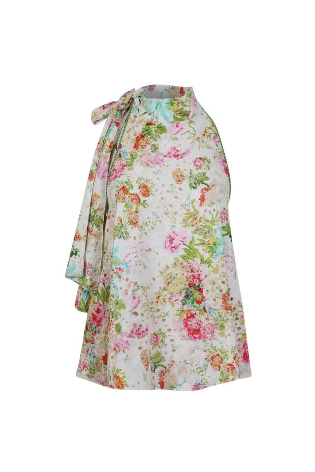Special Design Floral Detailed Cream Halter Neck Blouse