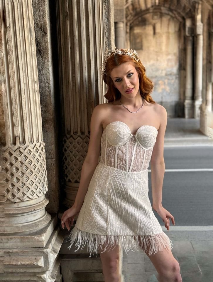 Özel Tasarım Couture Korseli Balen Glop Destekli İç Astarlı Beyaz Ev Çıkış Gelinliği Abiye Elbise