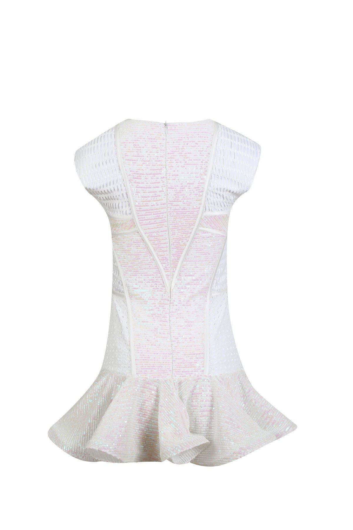 Özel Tasarım Couture Korseli Balenli Gloplu Pullu Mini Beyaz Ev Çıkış Gelinliği Abiye Elbise