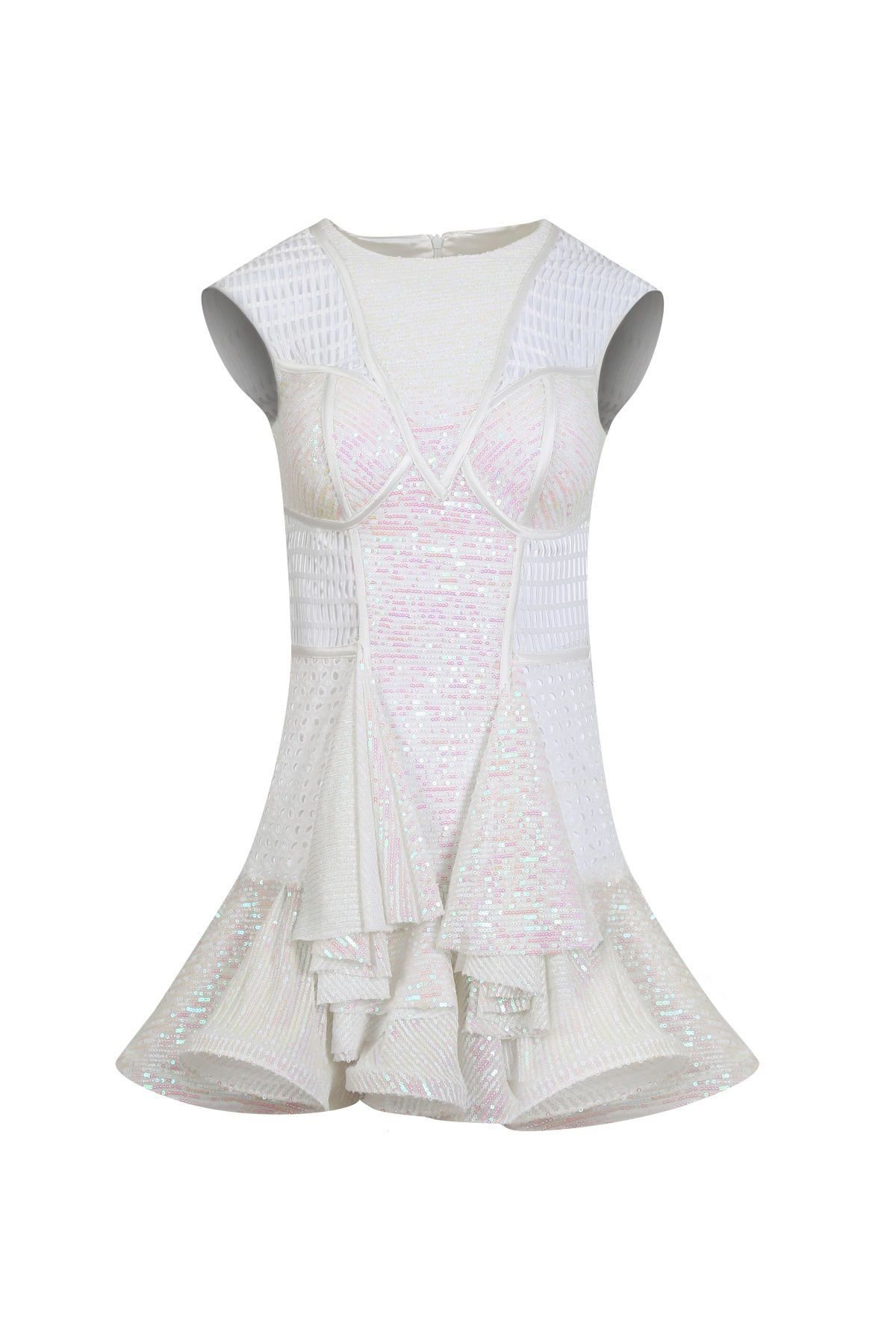 Özel Tasarım Couture Korseli Balenli Gloplu Pullu Mini Beyaz Ev Çıkış Gelinliği Abiye Elbise