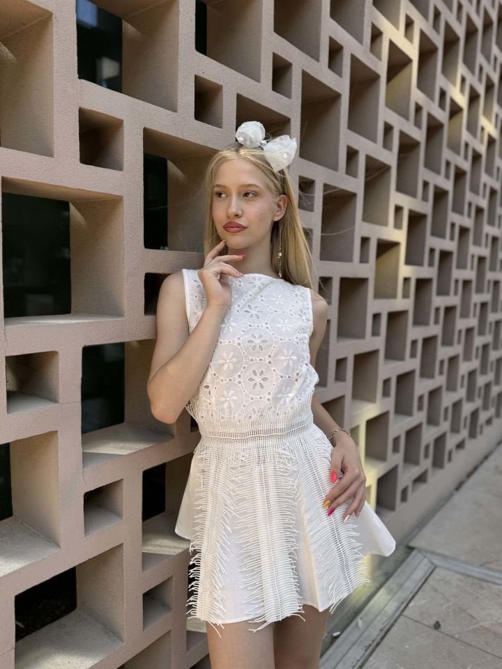 Özel Tasarım Couture Fistolu İç Astarlı Püskül Detaylı Mini Beyaz Ev Çıkış Gelinliği Abiye Elbise