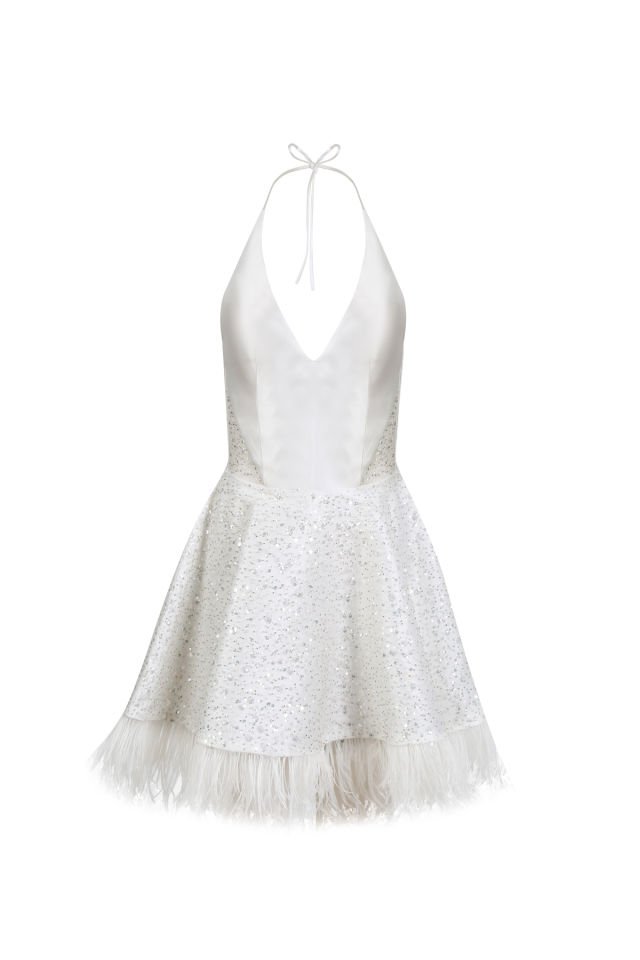 Special Design Couture Halter Neck Glop Underwire Feathered Mini White Homecoming Wedding Dress Evening Dress White - 34